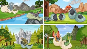 diverse scene della foresta preistorica con cartoni animati di dinosauri vettore