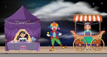 scena all'aperto con personaggio dei cartoni animati clown vettore