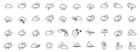 set di icone meteo in stile linea per il web. tempo, nuvole, vento, giornata di sole, luna, fiocchi di neve, giornata di sole vettore