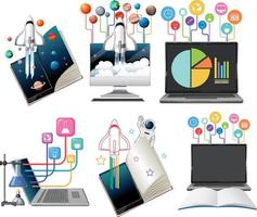 libri e laptop con icone di istruzione vettore