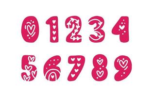 numeri rossi decorativi. amore alfabeto di san valentino con un cuore numeri zero uno due tre quattro cinque sei sette otto nove. illustrazione vettoriale