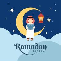 biglietti di auguri ramadan kareem e eid. ragazzo carino che legge il corano sulla luna crescente, con lanterna marocchina, stelle e nuvole. illustrazione vettoriale. vettore