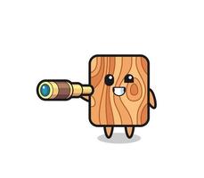 simpatico personaggio in legno di plancia tiene in mano un vecchio telescopio vettore