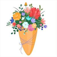 illustrazione vettoriale bouquet di fiori primaverili in confezione di carta kraft