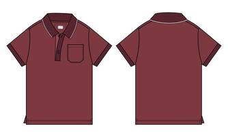 polo a maniche corte tecnica moda schizzo piatto illustrazione vettoriale modello colore rosso viste anteriore e posteriore isolate su sfondo bianco.