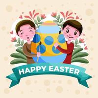 ragazzi felici che decorano un uovo di Pasqua vettore