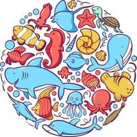 pacchetto di doodle di personaggi animali marini vettore