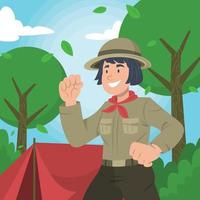 una ragazza scout sta facendo campeggio vettore
