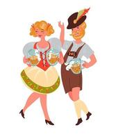 uomo e donna in abiti tradizionali tedeschi di camerieri con boccali di birra oktoberfest personaggi dei cartoni animati vettoriali piatti isolati su sfondo bianco. banner del festival della birra autunnale