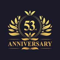 Design per il 53° anniversario, lussuoso logo dell'anniversario di 53 anni di colore dorato. vettore