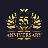 Design per il 55° anniversario, lussuoso logo dell'anniversario di 55 anni di colore dorato. vettore