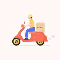 Personaggio dei cartoni animati piatto fattorino, consegna scooter. vettore
