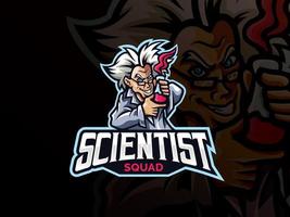 design del logo sportivo della mascotte dello scienziato vettore