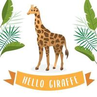 cartone animato vettoriale giraffa. illustrazione vettoriale carino giraffa e foglie tropicali. sfondo infantile con il personaggio dei cartoni animati di giraffa