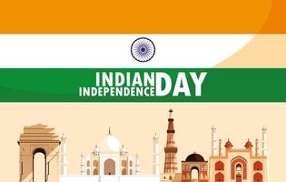 festa dell&#39;indipendenza indiana con monumenti di bandiera ed edifici vettore