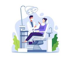dentista che esamina o cura i denti del paziente vettore