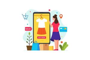 la donna sceglie i vestiti e lo shopping utilizzando lo smartphone vettore