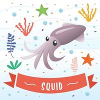 personaggio dei cartoni animati animale calamaro. simpatico cartone animato di polpo, illustrazione vettoriale di calamari. bellissimi calamari, coralli e barriere coralline colorate e alghe