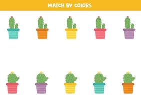 gioco di corrispondenza dei colori per bambini in età prescolare. abbina i cactus per colori. vettore
