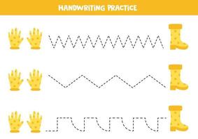 linee di tracciamento per bambini. guanti e stivali da giardino. Pratica di scrittura. vettore