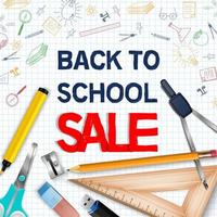 poster di vendita di ritorno a scuola con materiale scolastico realistico vettore
