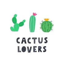 cactus disegnato a mano con scritte amanti del cactus. piante domestiche spinose e tropicali. illustrazione vettoriale. vettore