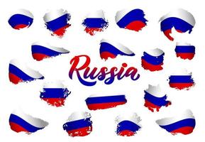 set di bandiere russe con testo russia. colori bianco blu rosso. macchie di texture isolate. lettere di calligrafia. elementi grafici vettoriali per il design