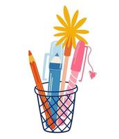 vetro con penne e matite. di nuovo a scuola. organizer da scrivania per studenti o impiegati. cancelleria per la scrittura, lo studio e il lavoro. illustrazione vettoriale colorata in uno stile piatto.