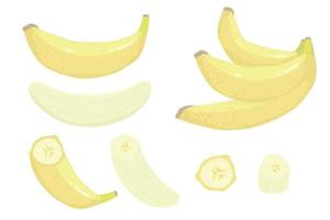 set di mazzi di banana fresca. banana sbucciata dolce del fumetto e mazzo di banane. raccolta di banane piatte. sbucciare la banana, set di illustrazioni vettoriali per frutta gialla