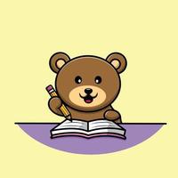 simpatico orso che scrive sul libro con l'illustrazione dell'icona di vettore del fumetto della matita. concetto di icona di educazione degli animali isolato vettore premium. stile cartone animato piatto
