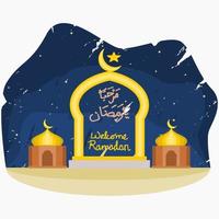 miniature modificabili della moschea e cancello con calligrafia araba scritta di marhaban ya ramadan su pennellate sfondo cielo illustrazione vettoriale per il mese di digiuno e i momenti islamici concetto di design