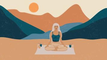 consapevolezza, meditazione e sfondo yoga in colori pastello vintage con donne sedute con le gambe incrociate e meditare. illustrazione vettoriale