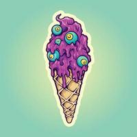 simpatico cono gelato viola con occhi zombi blu vettore