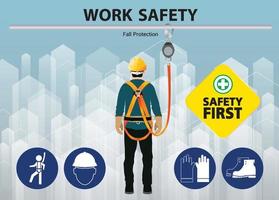 protezione anticaduta, prima sicurezza dei lavoratori edili, disegno vettoriale