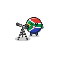 mascotte dell'astronomo della bandiera del sud africa con un telescopio moderno