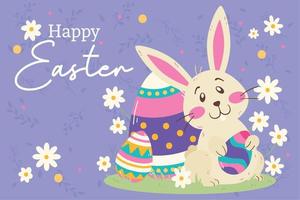 simpatico coniglio con uova di Pasqua dipinte buona settimana di pasqua vettore modello