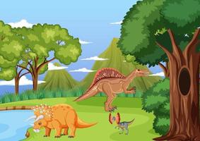 scena con dinosauri nella foresta vettore