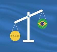 valuta oro giallo tondo su bilancia e saldi economici del paese del brasile. l'oro sta aumentando, il valore della valuta del paese sta diminuendo. cambiamento del valore monetario e del potere d'acquisto. vettore