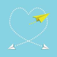 aeroplani di cartone che creano il simbolo del cuore nell'aria. l'aereo che passa per il cuore, l'aereo di cartone. l'aereo che esce dalla cabina. vettore