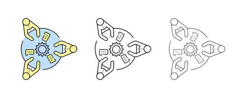 lavoro di squadra attorno al tavolo, scambio di informazioni. invenzione relativa al business, incontro per invenzione. icone vettoriali di lavoro di squadra. tratto modificabile. set di icone di linea moderna.
