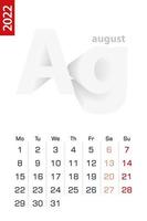 modello di calendario minimalista per agosto 2022, calendario vettoriale in inglese.