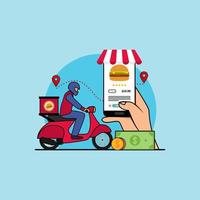 illustrazione per trovare il concetto di consegna del cibo con la posizione gps delle mappe dello smartphone. vettore di design con stile piatto