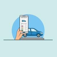 illustrazione per acquistare auto online con il concetto di smartphone. vettore di design con stile piatto