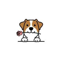 carino jack russell terrier cucciolo che tiene una rosa in bocca cartone animato, illustrazione vettoriale