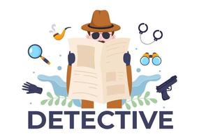 investigatore privato o detective che raccoglie informazioni per risolvere crimini con attrezzature come lente d'ingrandimento, manette e altro nell'illustrazione di sfondo del fumetto