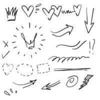 fruscii, picchiate, enfasi scarabocchi stile disegnato a mano con elementi di testo in evidenza, vortice di calligrafia, coda, fiore, cuore, corona di graffiti. vettore