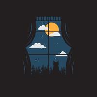 vettore di sagoma finestra con gatto e foresta sulla finestra di notte al chiaro di luna logo ikon simbolo ilustration design