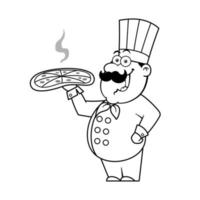 chef del fumetto che tiene una deliziosa pizza contorno vettore