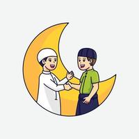carino musulmano che fa stretta di mano per celebrare eid mubarak fumetto icona vettore illustrazione