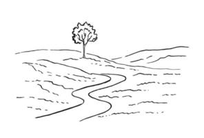 paesaggio rurale con strada e albero. illustrazione disegnata a mano convertita in vettore. vettore